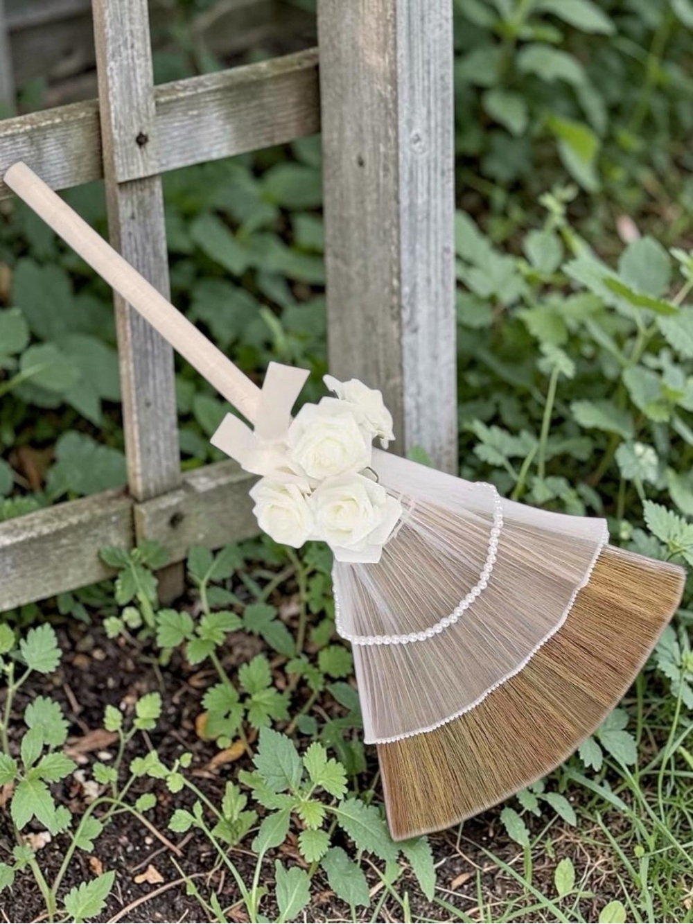 Wedding Broom for Jumping Ceremony, Decor, Pearl Yarn,Chain,Ribbons &Pearl Roses